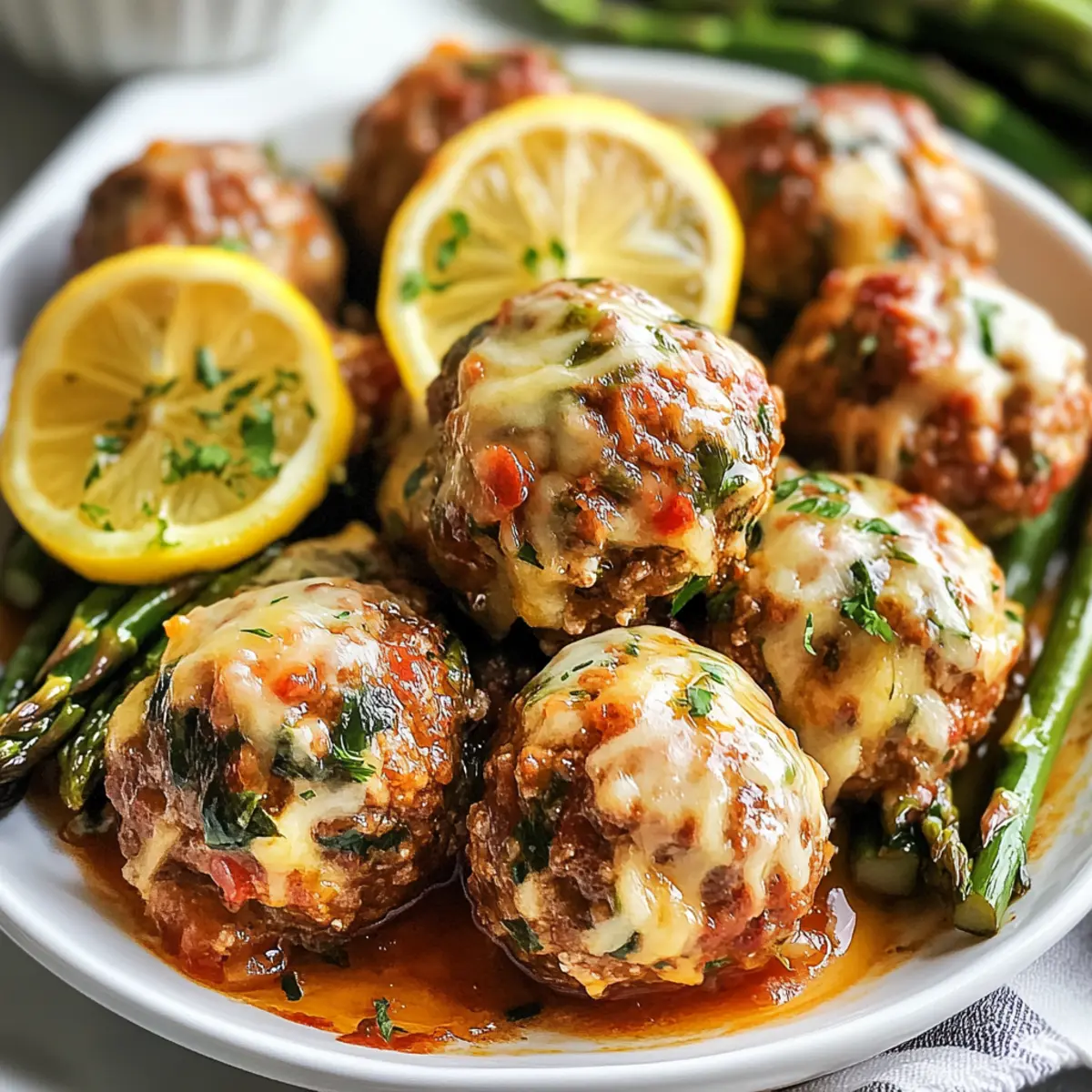 Cheesy Turkey Meatballs with Lemon Garlic Asparagus