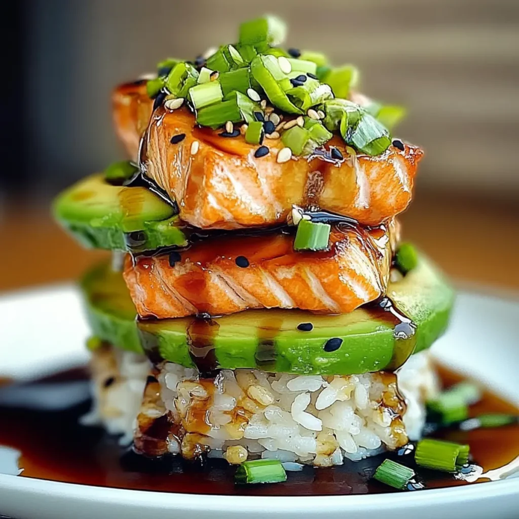 Teriyaki Salmon Avocado Rice Stack