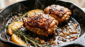 Ultra close-up macro of Sticky Apple Cider Glazed Chicken Thighs with caramelized apple slices and rosemary