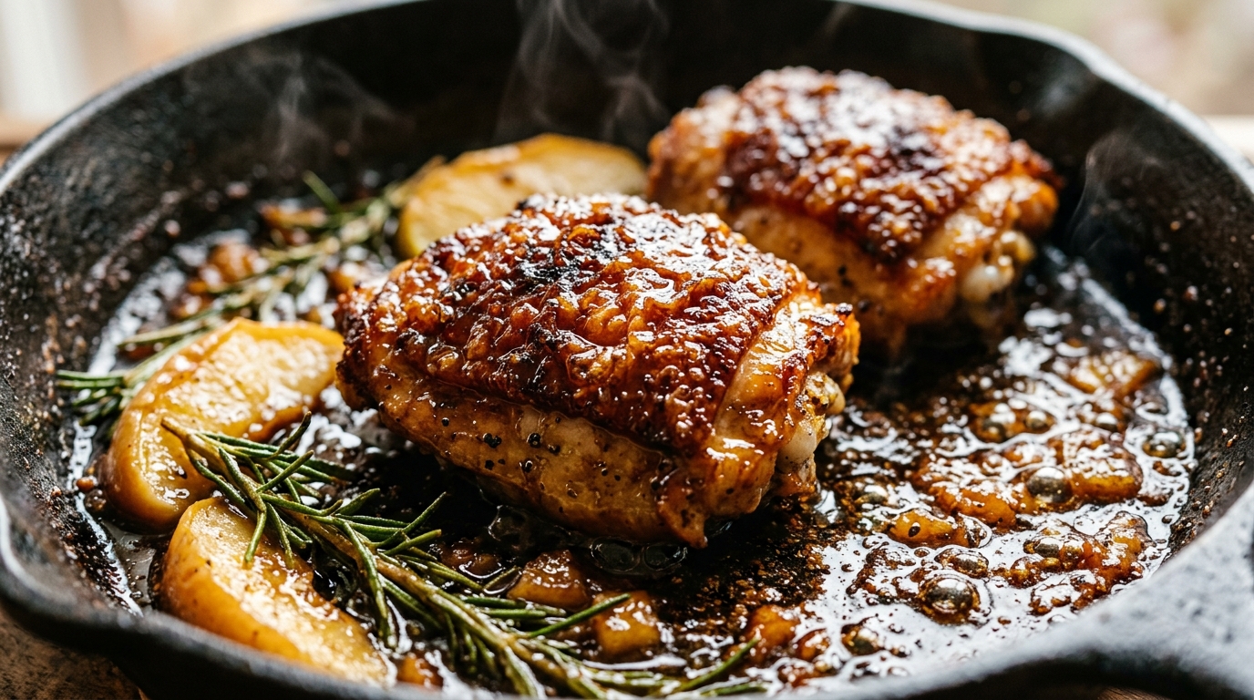 Ultra close-up macro of Sticky Apple Cider Glazed Chicken Thighs with caramelized apple slices and rosemary