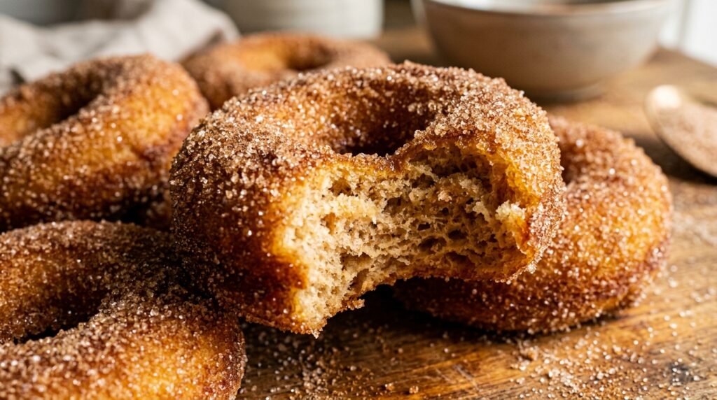 Ultra close-up macro of warm baked apple cider cake donuts coated in sparkling cinnamon sugar