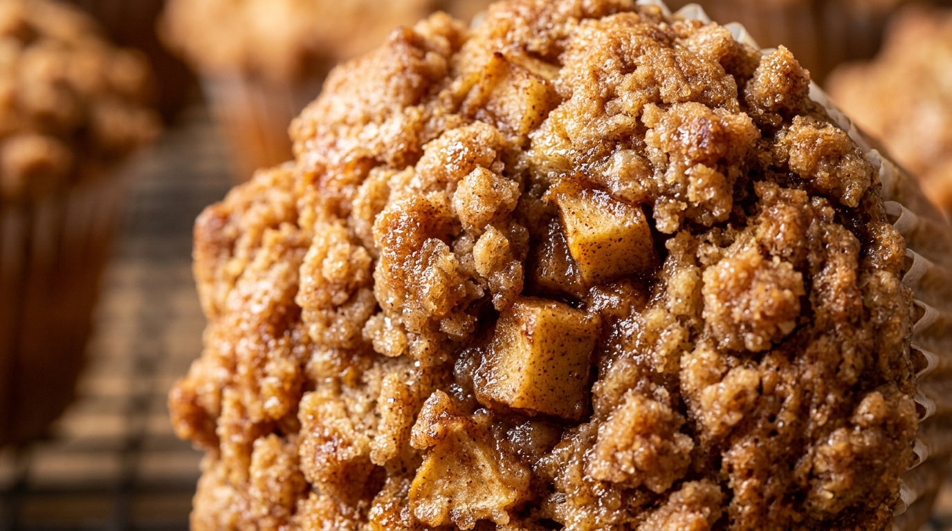 Ultra close-up macro documentary shot of golden bakery-style apple cinnamon streusel muffins fresh out of oven with crunchy brown sugar crumble