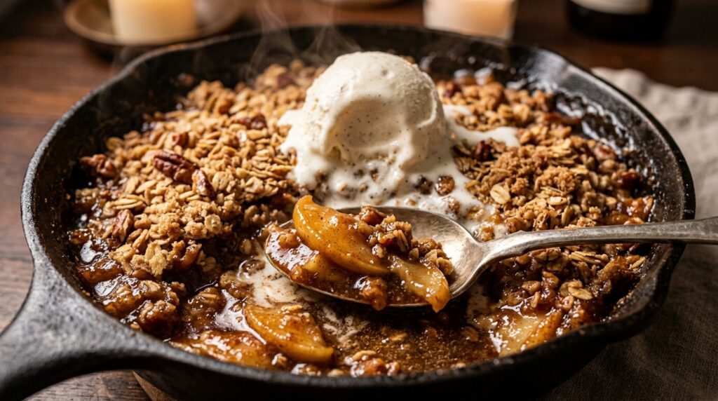 Ultra close-up macro of bubbling warm brown butter apple crisp with golden pecan oat streusel and melting vanilla bean ice cream
