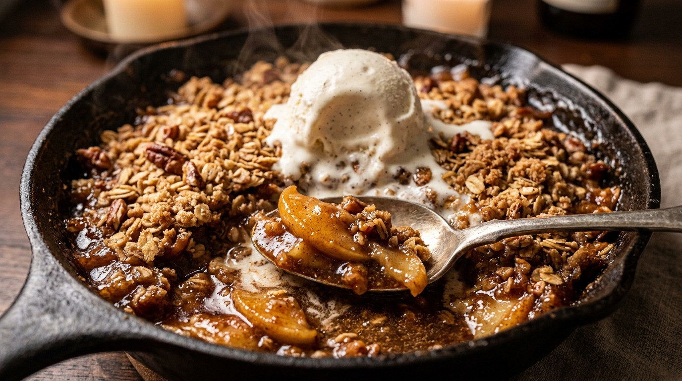 Ultra close-up macro of bubbling warm brown butter apple crisp with golden pecan oat streusel and melting vanilla bean ice cream