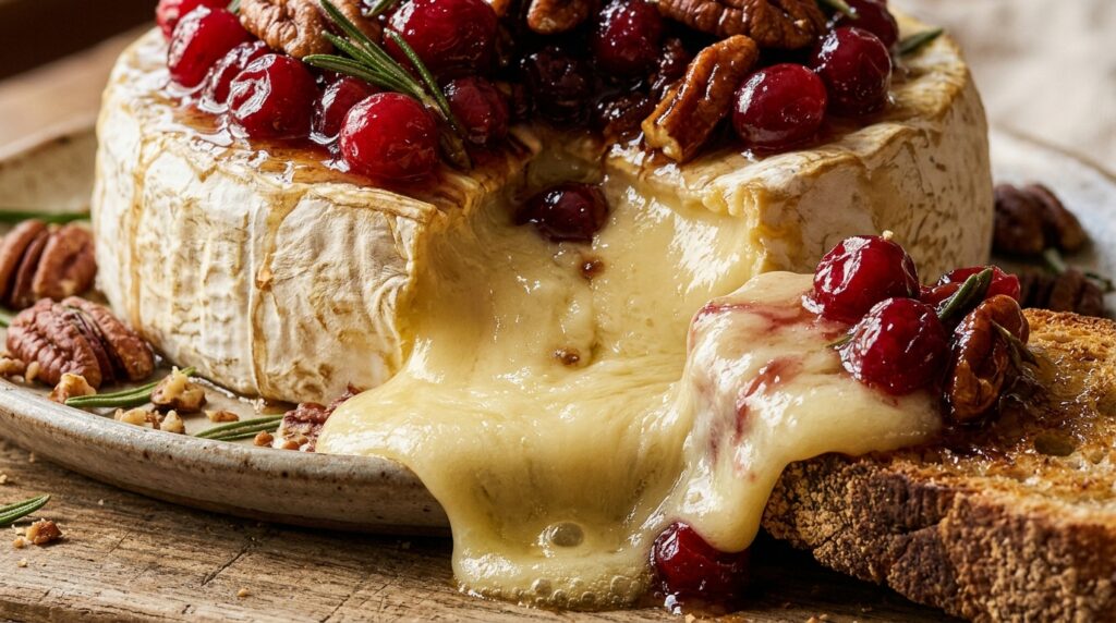 Ultra close-up macro of molten warm baked French brie topped with bubbling honey-simmered cranberries, toasted pecans, and fresh rosemary