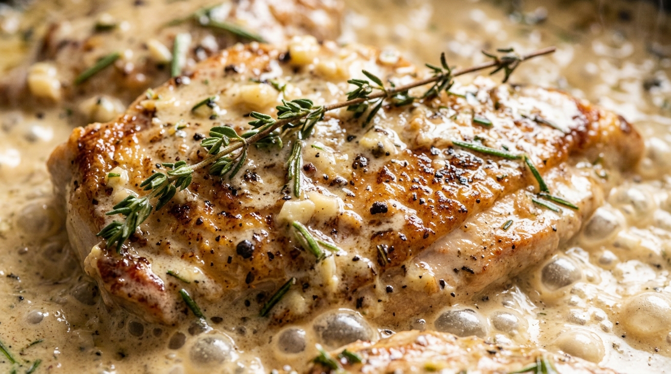 Ultra close-up macro of Creamy Garlic Herb Boursin Chicken Skillet with golden seared cutlets in bubbling garlic cream sauce