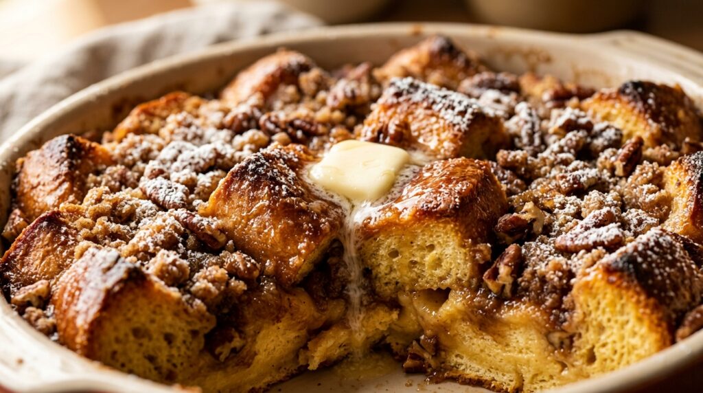 Ultra close-up macro of golden baked brioche French toast casserole with crunchy cinnamon brown sugar pecan streusel and warm maple syrup