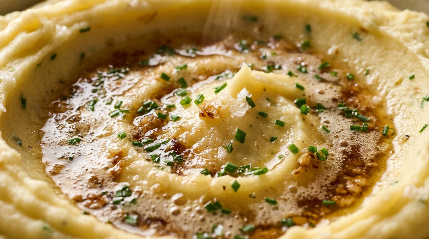 Ultra close-up macro of creamy brown butter garlic mashed potatoes swirled with foaming amber butter and chives