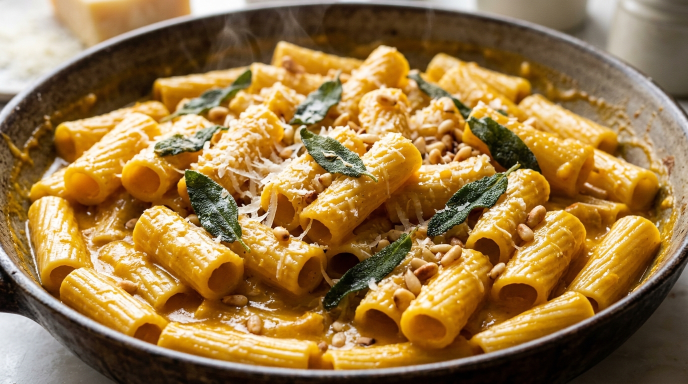 Ultra close-up macro of Creamy Roasted Butternut Squash Pasta with crispy sage and parmesan