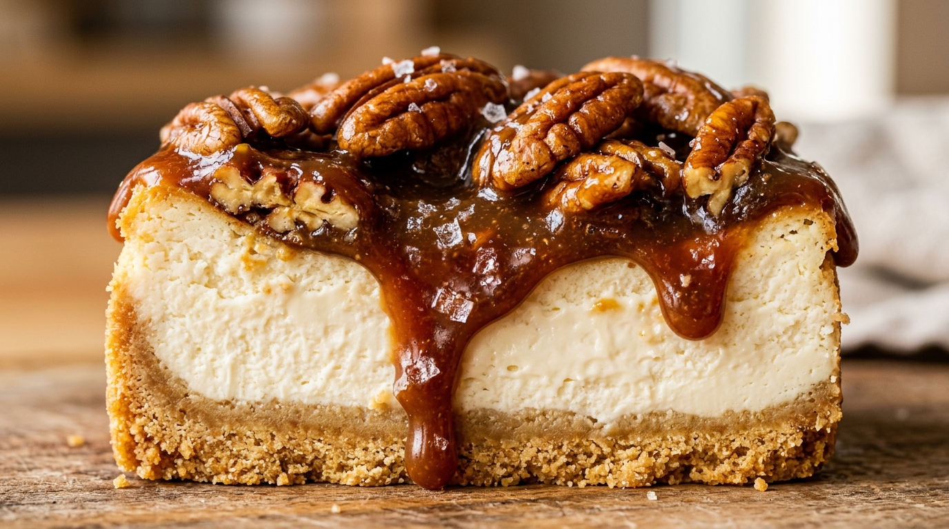 Ultra close-up macro of layered salted caramel pecan cheesecake bar with buttery graham crust, velvety vanilla cheesecake, and gooey roasted pecan topping