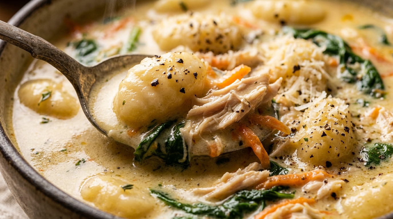 Ultra close-up macro of velvety creamy chicken and gnocchi soup with pillowy potato gnocchi, tender shredded chicken, and fresh baby spinach