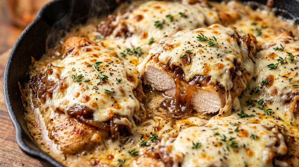 Ultra close-up macro of tender seared chicken breast smothered in sweet caramelized onions, rich savory sauce, and melted golden blistered Gruyère cheese