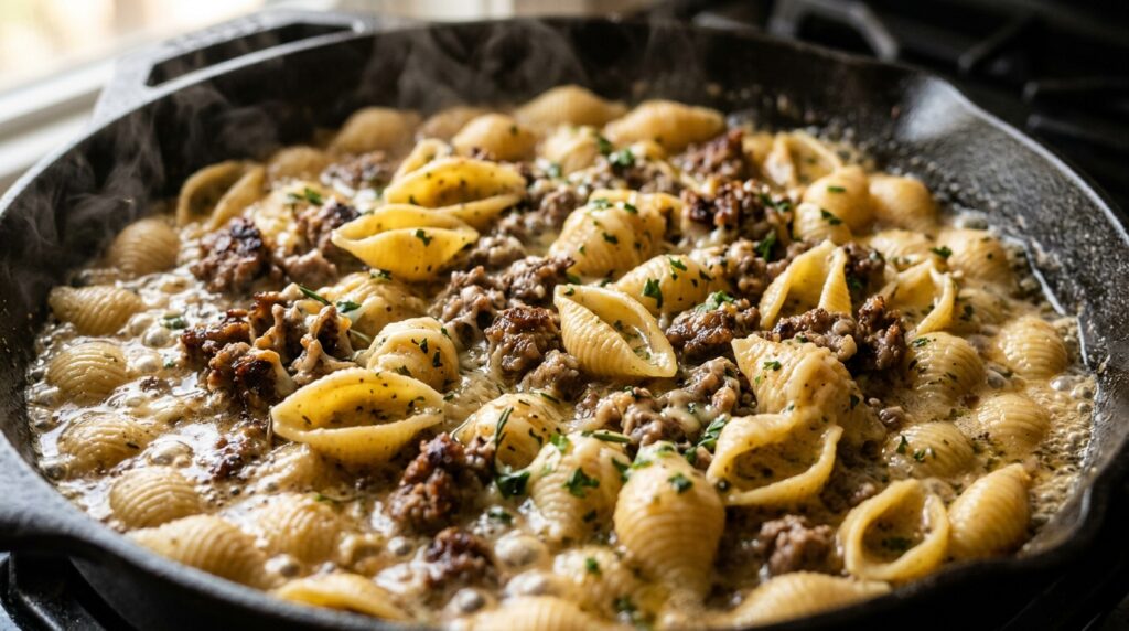 Ultra close-up macro of One-Pot Garlic Butter Herb Ground Beef Pasta simmering in skillet