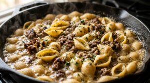Ultra close-up macro of One-Pot Garlic Butter Herb Ground Beef Pasta simmering in skillet