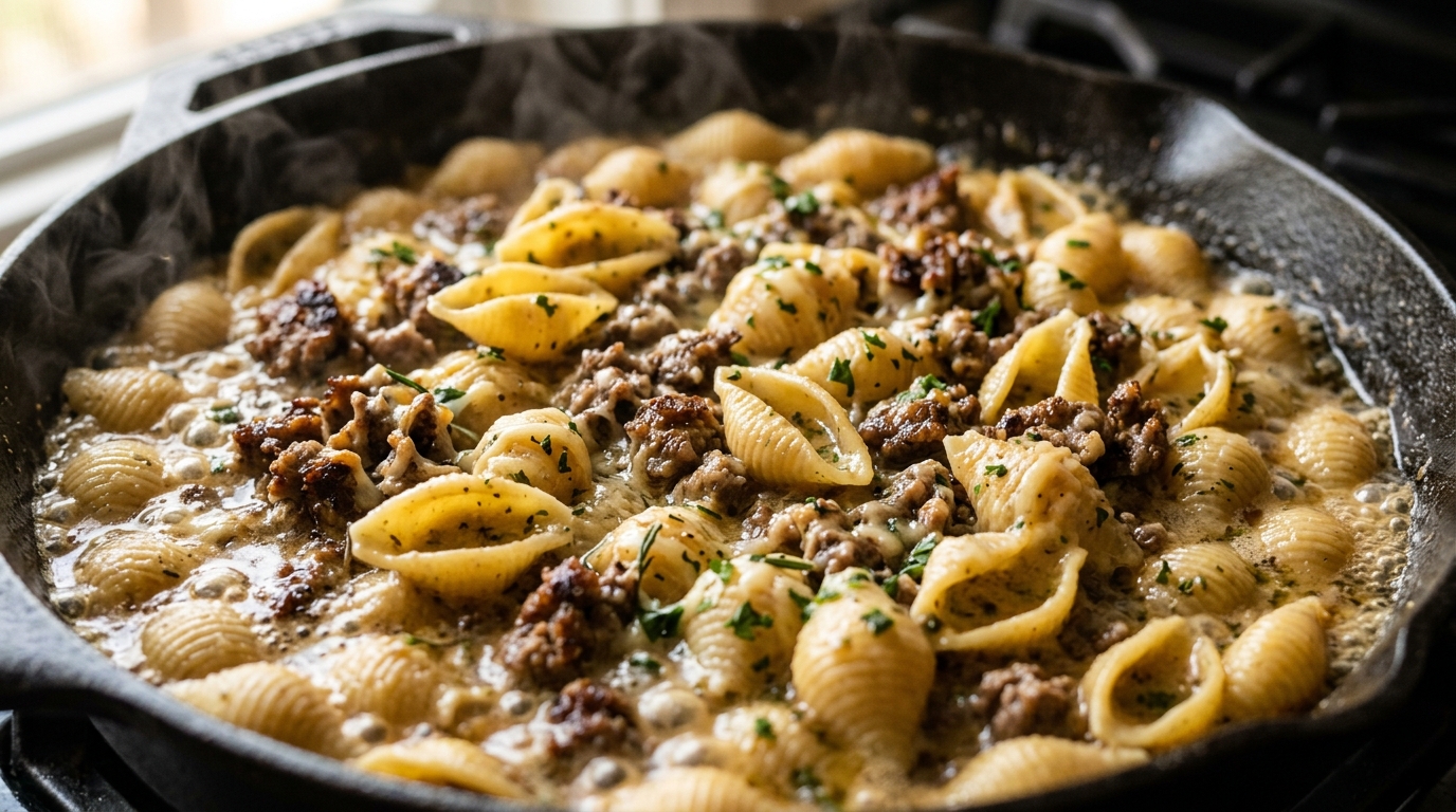 Ultra close-up macro of One-Pot Garlic Butter Herb Ground Beef Pasta simmering in skillet