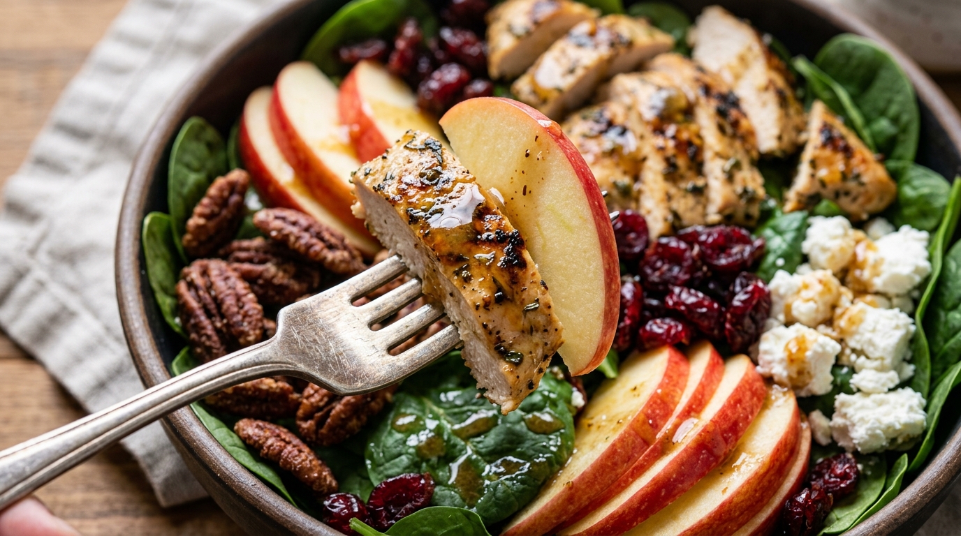 Ultra close-up macro of fresh autumn harvest chicken salad with sliced grilled chicken, crisp Honeycrisp apples, candied pecans, cranberries, and goat cheese