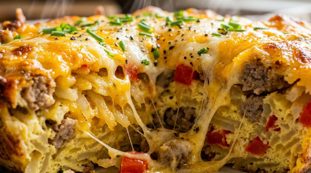 Ultra close-up macro of bubbling cheesy turkey sausage hashbrown breakfast casserole slice with melted sharp cheddar, golden hashbrowns, and savory sausage