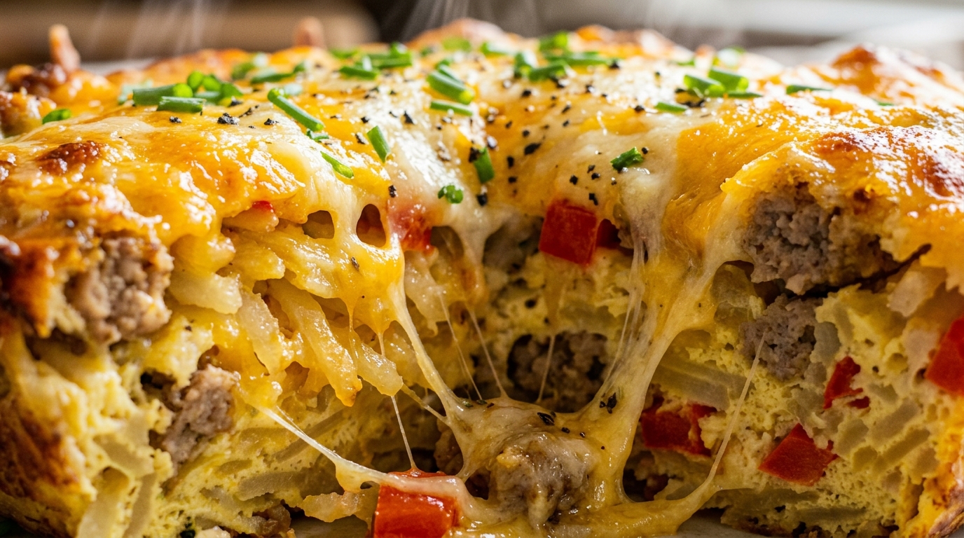 Ultra close-up macro of bubbling cheesy turkey sausage hashbrown breakfast casserole slice with melted sharp cheddar, golden hashbrowns, and savory sausage