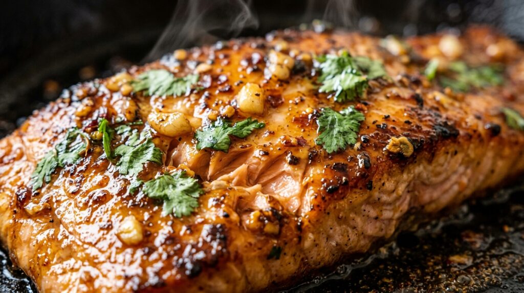 Ultra close-up macro of Pan-Seared Hot Honey Butter Glazed Salmon with red chili flakes and garlic in cast iron skillet