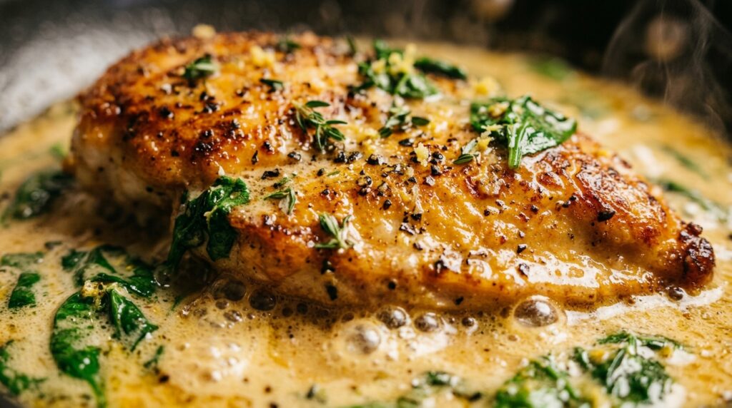Ultra close-up macro of seared chicken simmering in creamy lemon garlic butter sauce