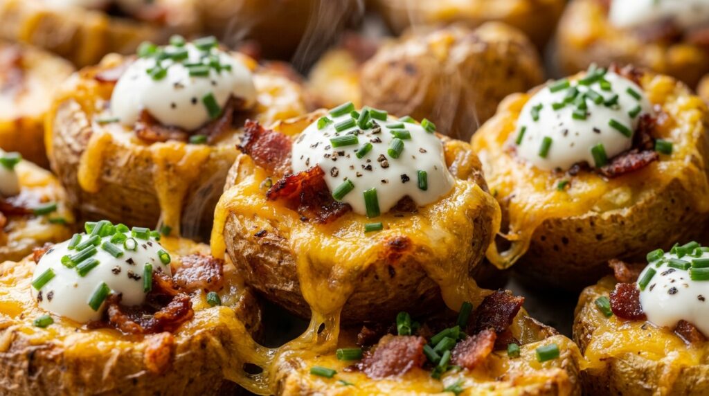 Ultra close-up macro of crispy golden baby potato bites loaded with melted sharp cheddar, crispy halal beef bacon crumbles, sour cream, and fresh chives