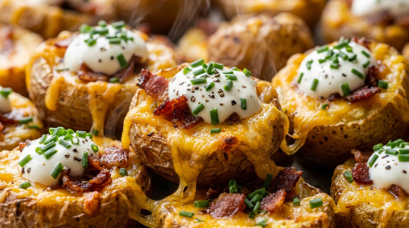Ultra close-up macro of crispy golden baby potato bites loaded with melted sharp cheddar, crispy halal beef bacon crumbles, sour cream, and fresh chives