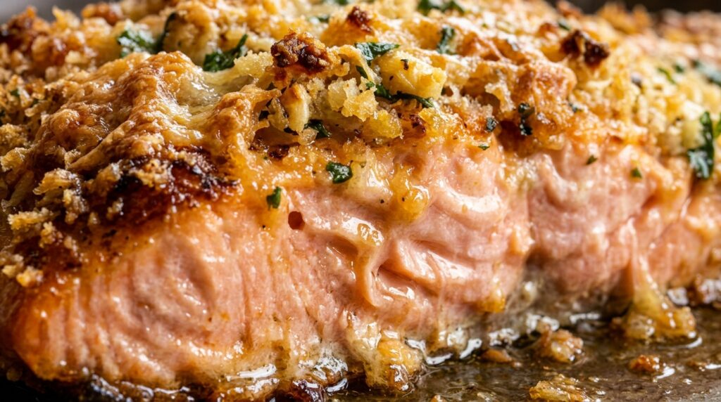 Ultra close-up macro of golden bubbly crispy garlic parmesan crusted salmon