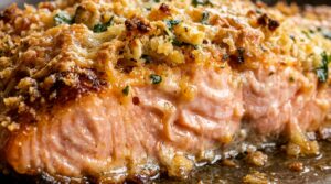 Ultra close-up macro of golden bubbly crispy garlic parmesan crusted salmon
