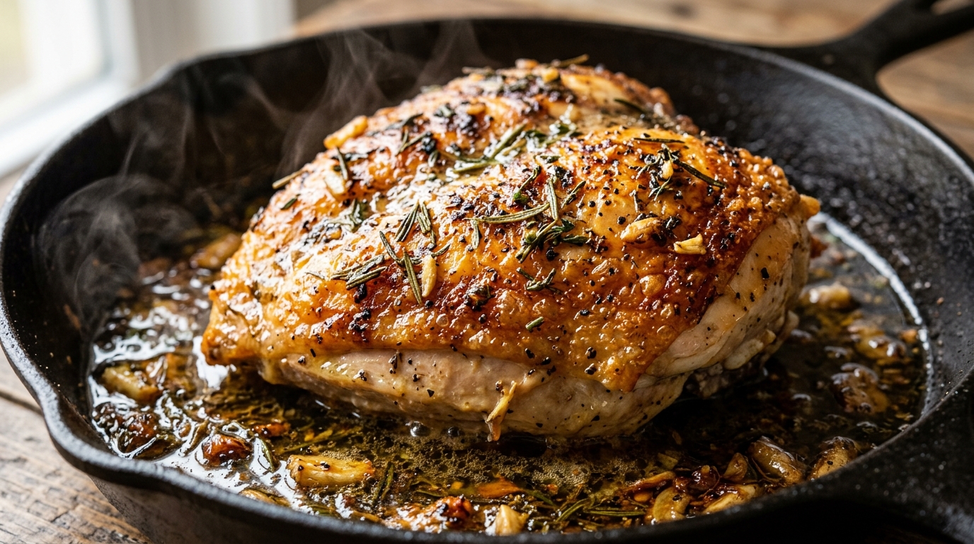 Ultra close-up macro of juicy garlic herb butter roasted chicken breast with crispy golden skin