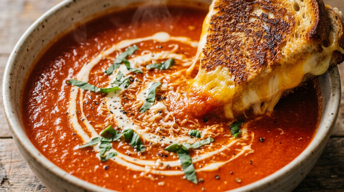 Ultra close-up macro of velvety roasted tomato basil soup bowl with cream swirl and golden grilled cheese sandwich dipped into rich red broth