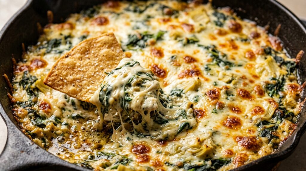 Ultra close-up macro of bubbling hot baked spinach artichoke dip in a cast iron skillet with toasted golden cheese crust