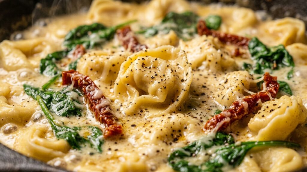 Ultra close-up macro of plump three-cheese tortellini simmering in velvety garlic spinach cream sauce