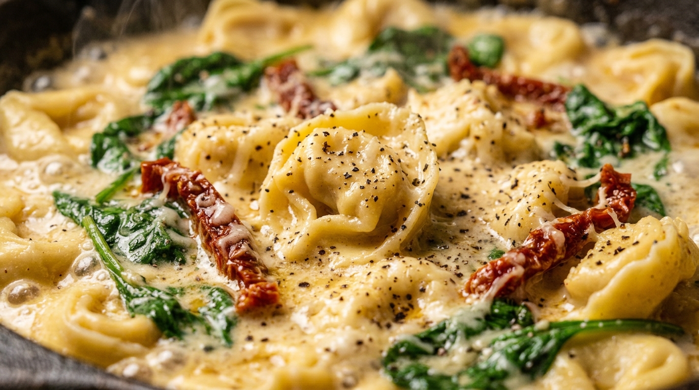 Ultra close-up macro documentary shot of plump three-cheese tortellini simmering in velvety garlic cream sauce with wilted baby spinach and sun-dried tomatoes