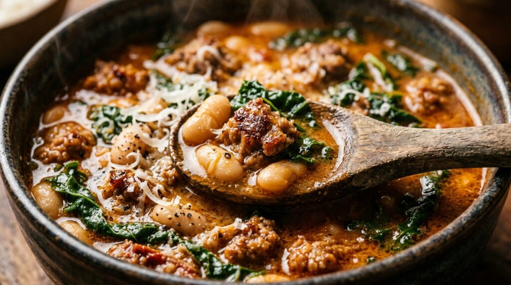 Ultra close-up macro of rustic creamy Tuscan soup with browned halal beef sausage, cannellini white beans, and dark green kale topped with parmesan