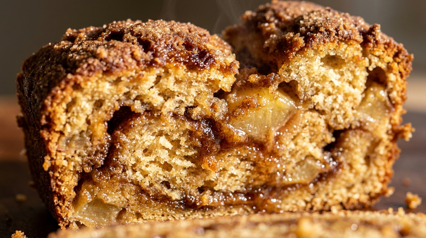 Ultra close-up macro of tender bakery-style cinnamon swirl apple bread slice showing moist golden crumb, juicy apples, and crackly cinnamon crust
