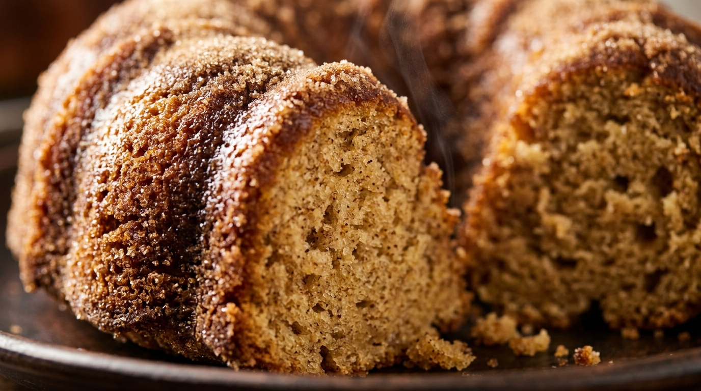 Ultra close-up macro of moist spiced apple cider donut cake slice coated in thick crunchy cinnamon sugar with melted butter