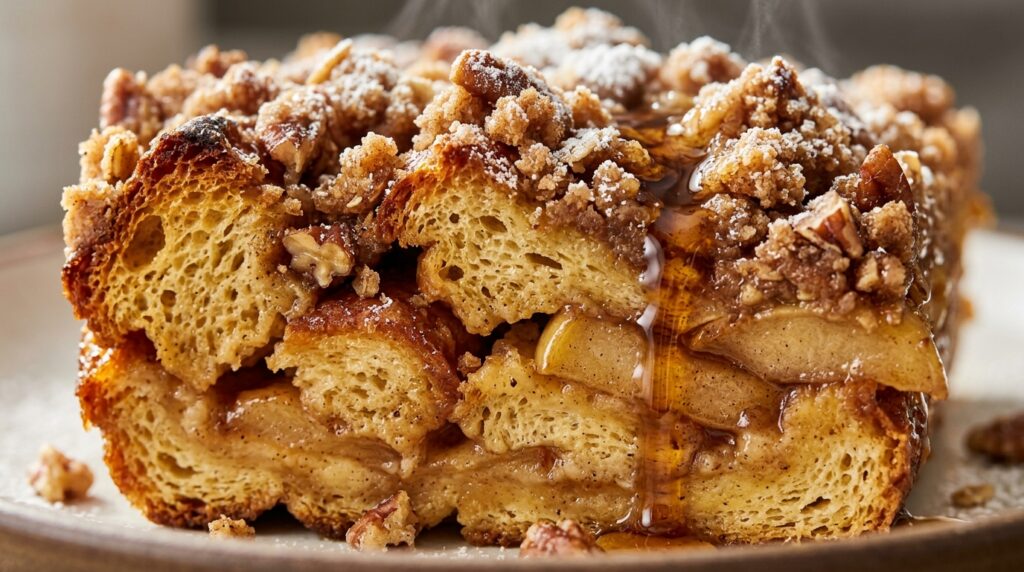 Ultra close-up macro of golden-brown custardy apple cider brioche French toast bake slice topped with caramelized apples, crunchy pecan streusel, and cascading maple syrup