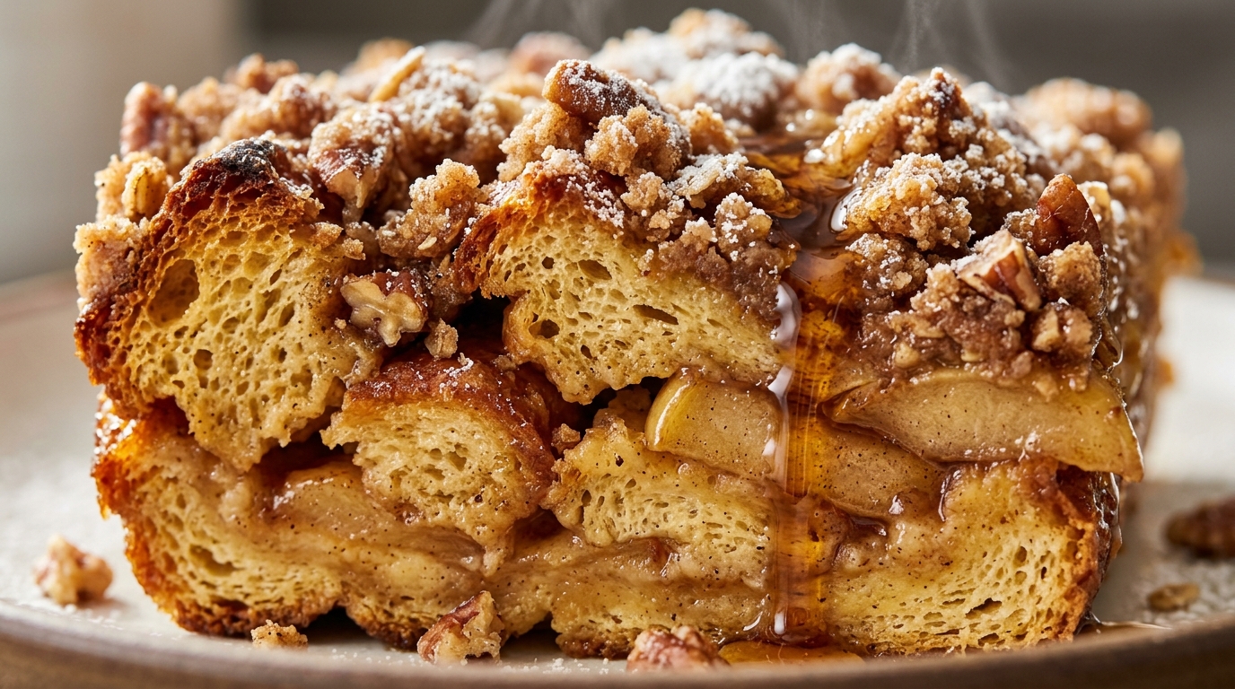 Ultra close-up macro of golden-brown custardy apple cider brioche French toast bake slice topped with caramelized apples, crunchy pecan streusel, and cascading maple syrup
