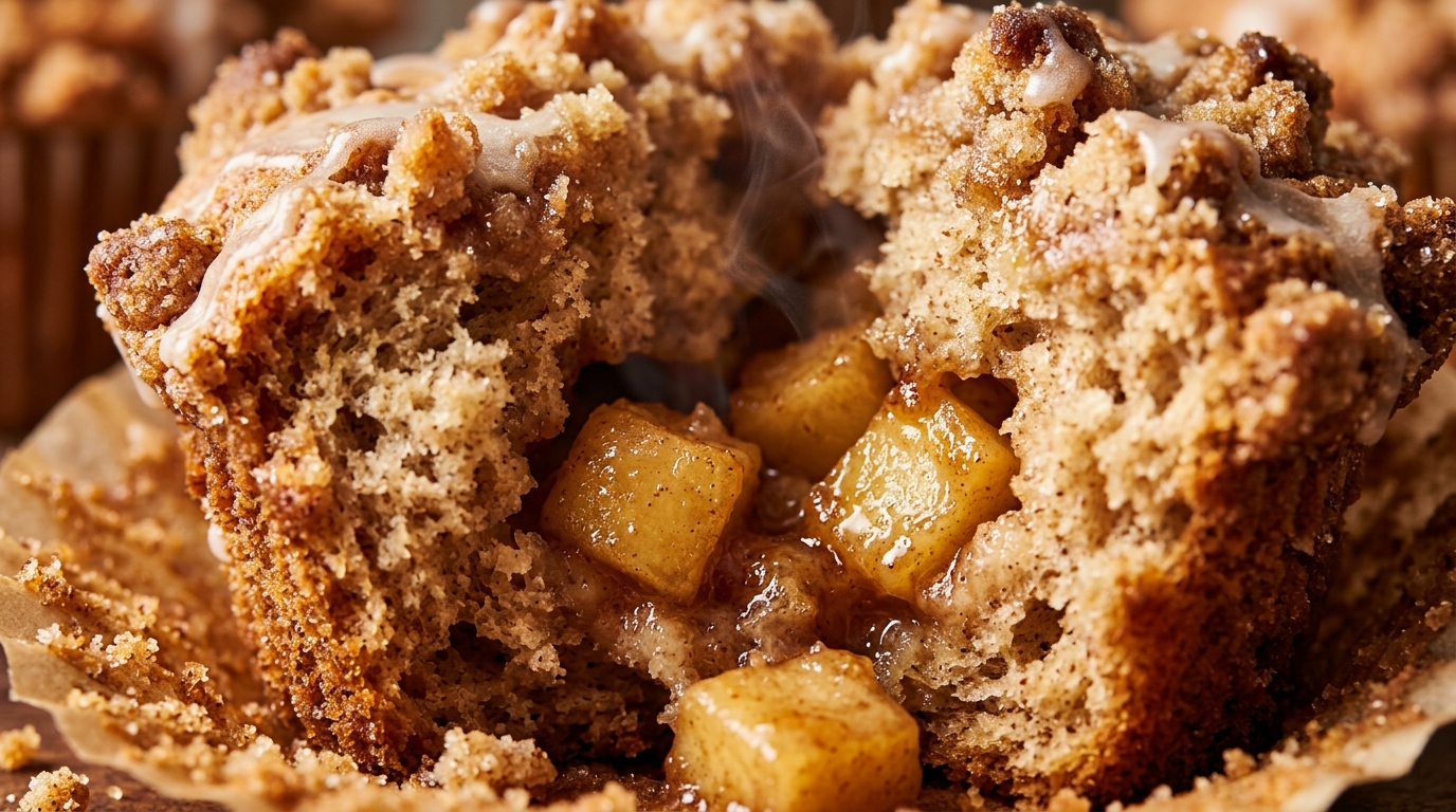 Ultra close-up macro of a bakery-style apple cinnamon streusel muffin broken open with tender spiced crumb, juicy diced apples, and crunchy brown sugar crumble