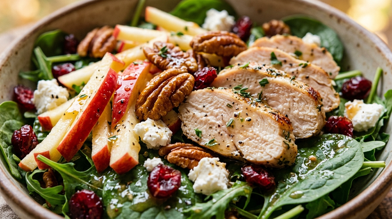 Ultra close-up macro of autumn honeycrisp apple pecan crunch salad with juicy chicken, toasted pecans, and goat cheese