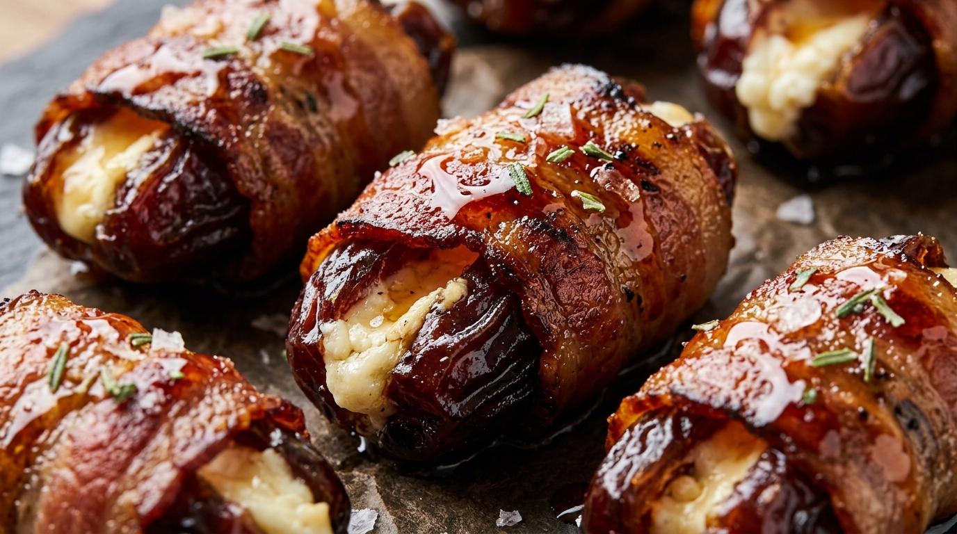 Ultra close-up macro of sizzling crispy bacon wrapped dates stuffed with creamy goat cheese and glistening with hot honey drizzle