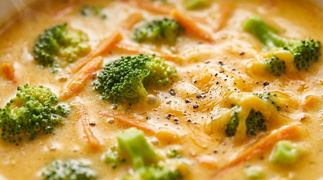 Ultra close-up macro of velvety Panera-style broccoli cheddar soup with tender broccoli florets, matchstick carrots, and melted cheese drizzle