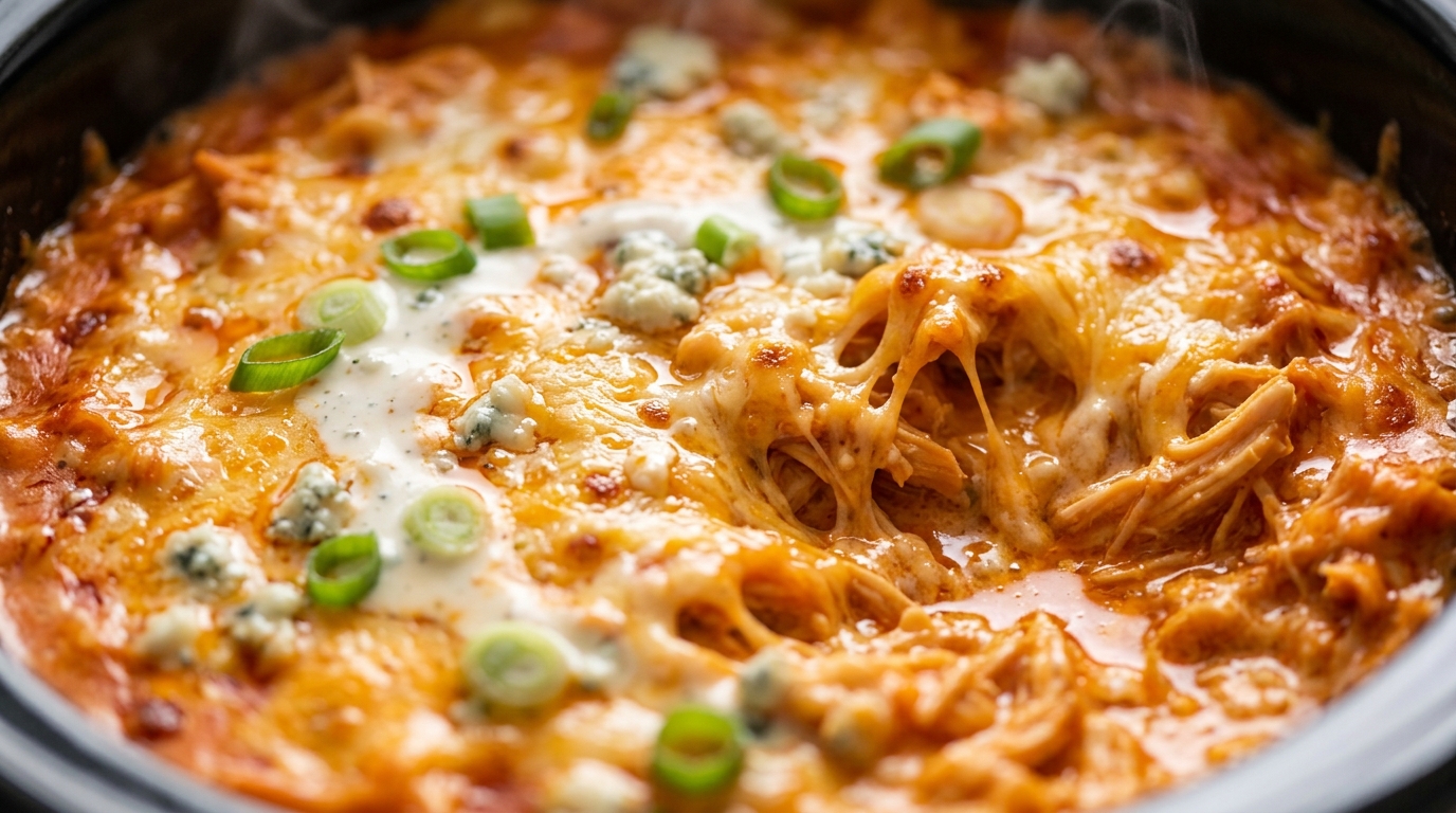 Ultra close-up macro of bubbling creamy slow cooker buffalo chicken dip with melted cheddar, ranch swirl, and green onions