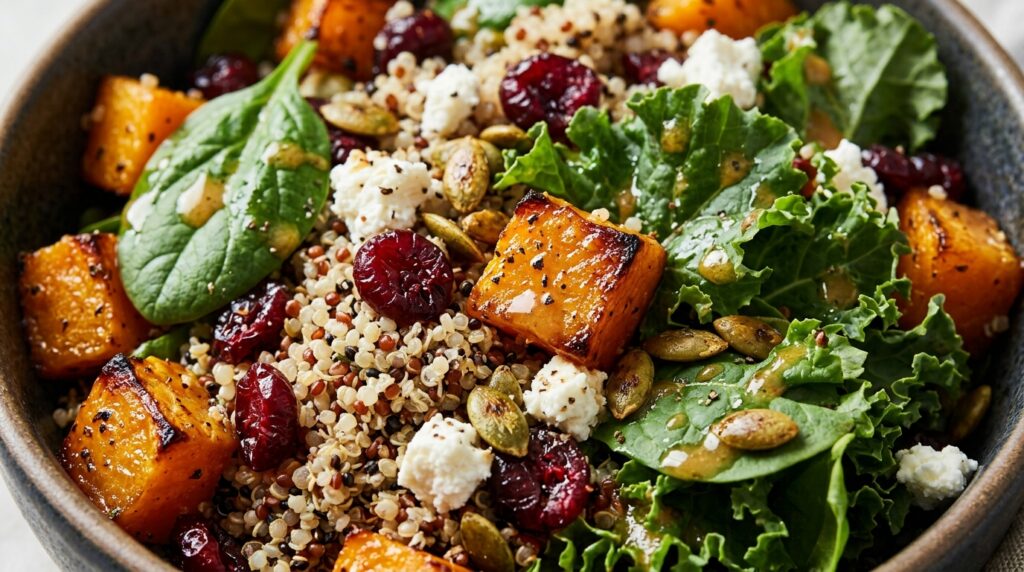 Ultra close-up macro of vibrant autumn roasted butternut squash quinoa salad with cranberries, pepitas, and maple tahini dressing