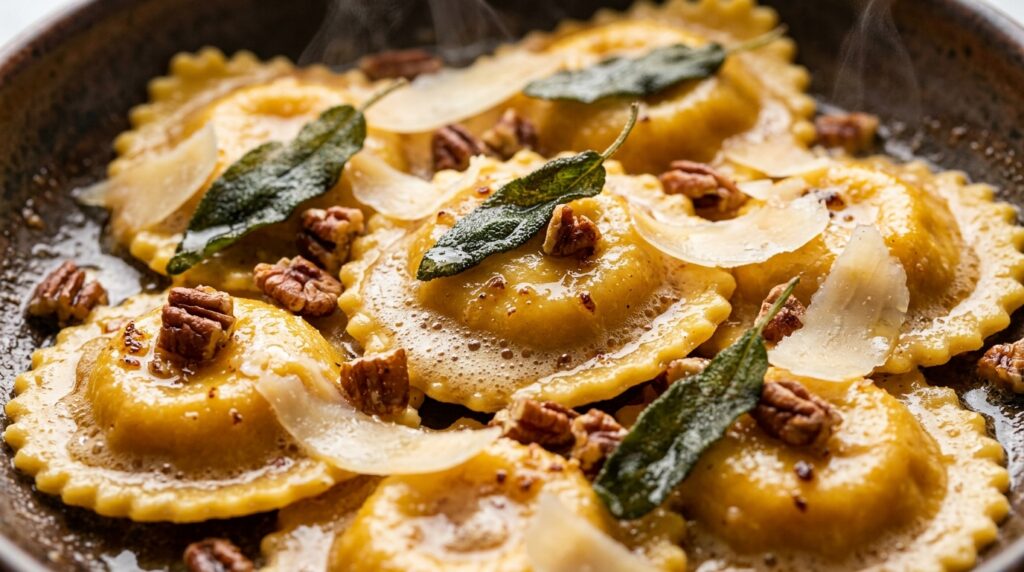 Ultra close-up macro of tender golden butternut squash ravioli glistening in bubbling brown butter sauce with crispy sage leaves and toasted pecans