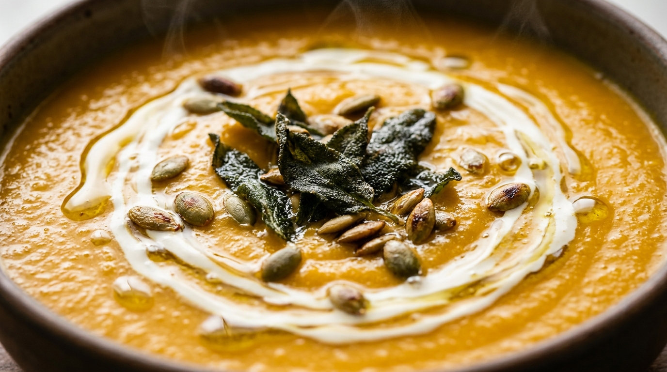 Ultra close-up macro of velvety roasted butternut squash soup with cream swirl, olive oil drizzle, crispy sage, and pepitas