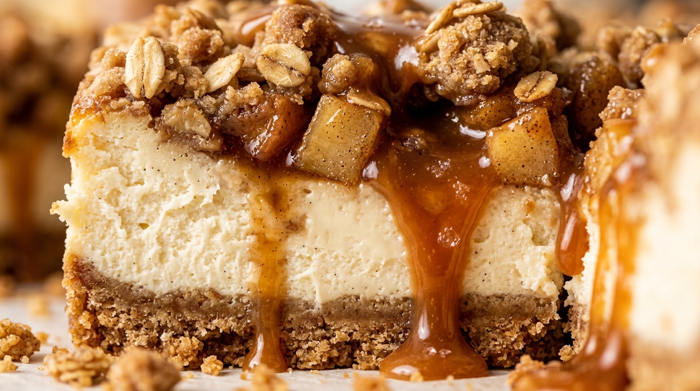 Ultra close-up macro of salted caramel apple cheesecake bar with spiced cinnamon apples, crisp oat streusel, and cascading amber caramel sauce