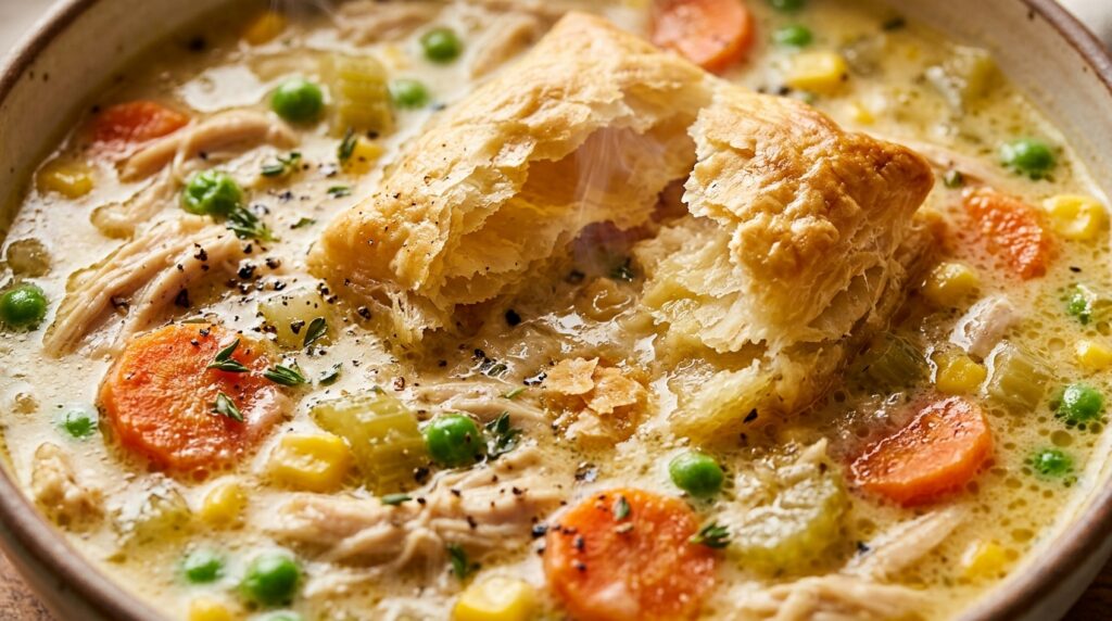 Ultra close-up macro of creamy chicken pot pie soup with tender shredded chicken, peas, carrots, and flaky cracked puff pastry crust