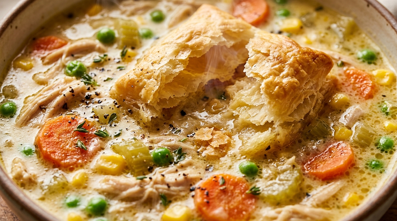 Ultra close-up macro of creamy chicken pot pie soup with tender shredded chicken, peas, carrots, and flaky cracked puff pastry crust
