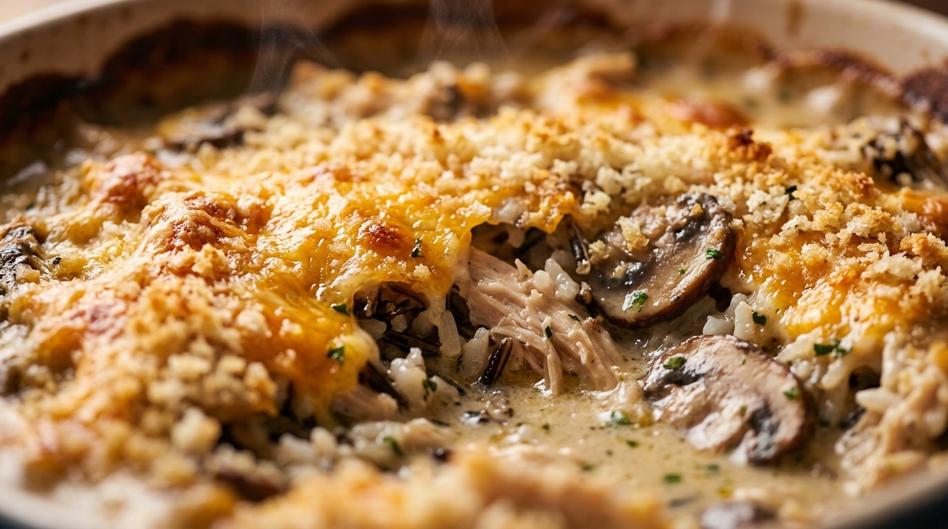 Ultra close-up macro of bubbling creamy chicken and wild rice casserole with melted sharp cheddar and golden crispy panko topping